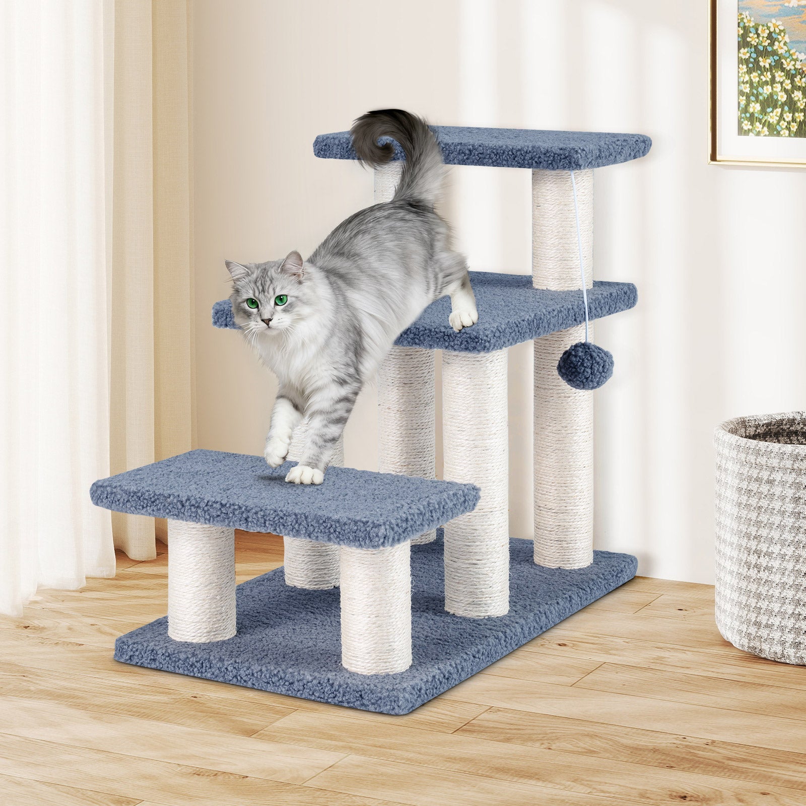 3-Tier Cat Stairs 20 Inch with Scratching Posts and Hanging Toy Ball-Gray