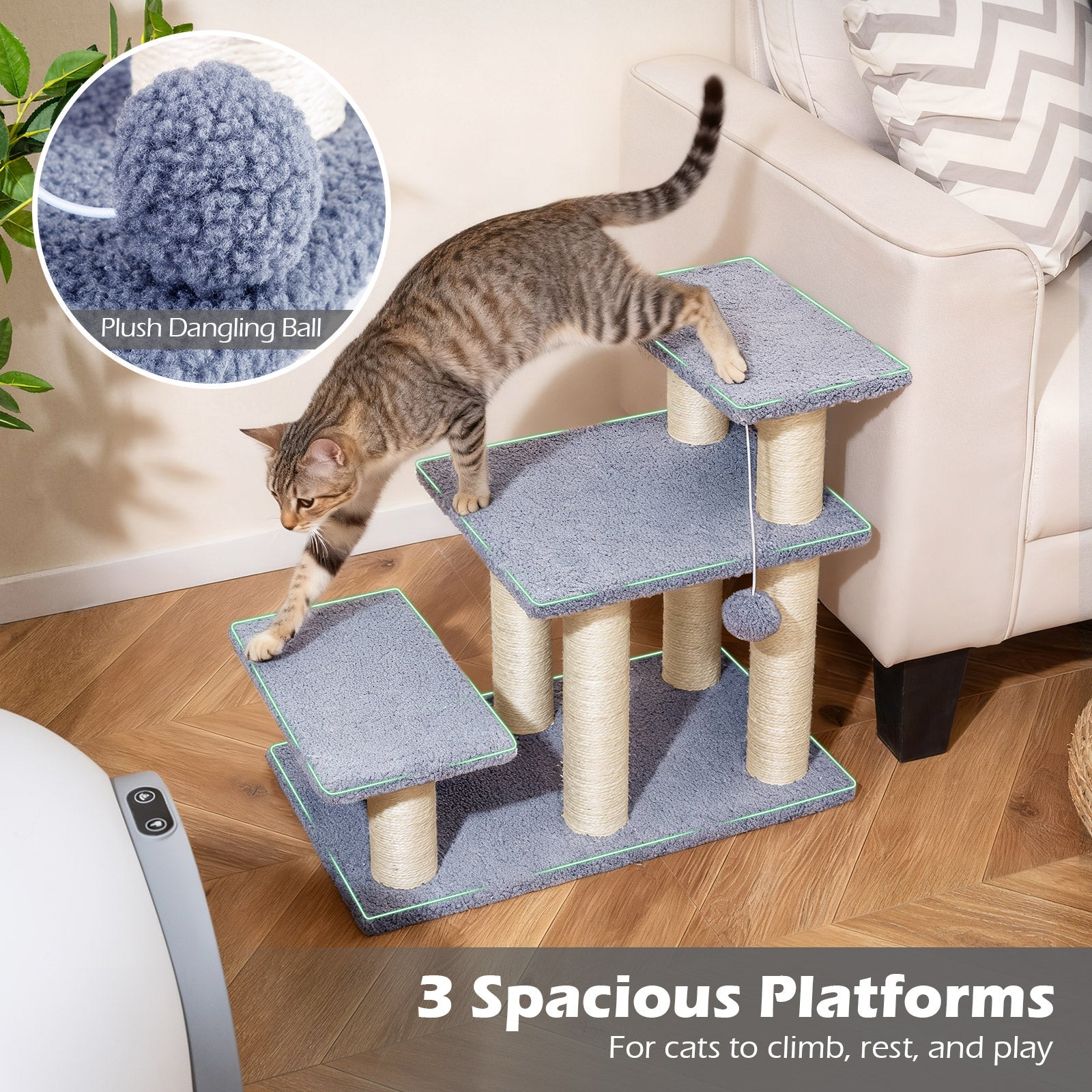 3-Tier Cat Stairs 20 Inch with Scratching Posts and Hanging Toy Ball-Gray
