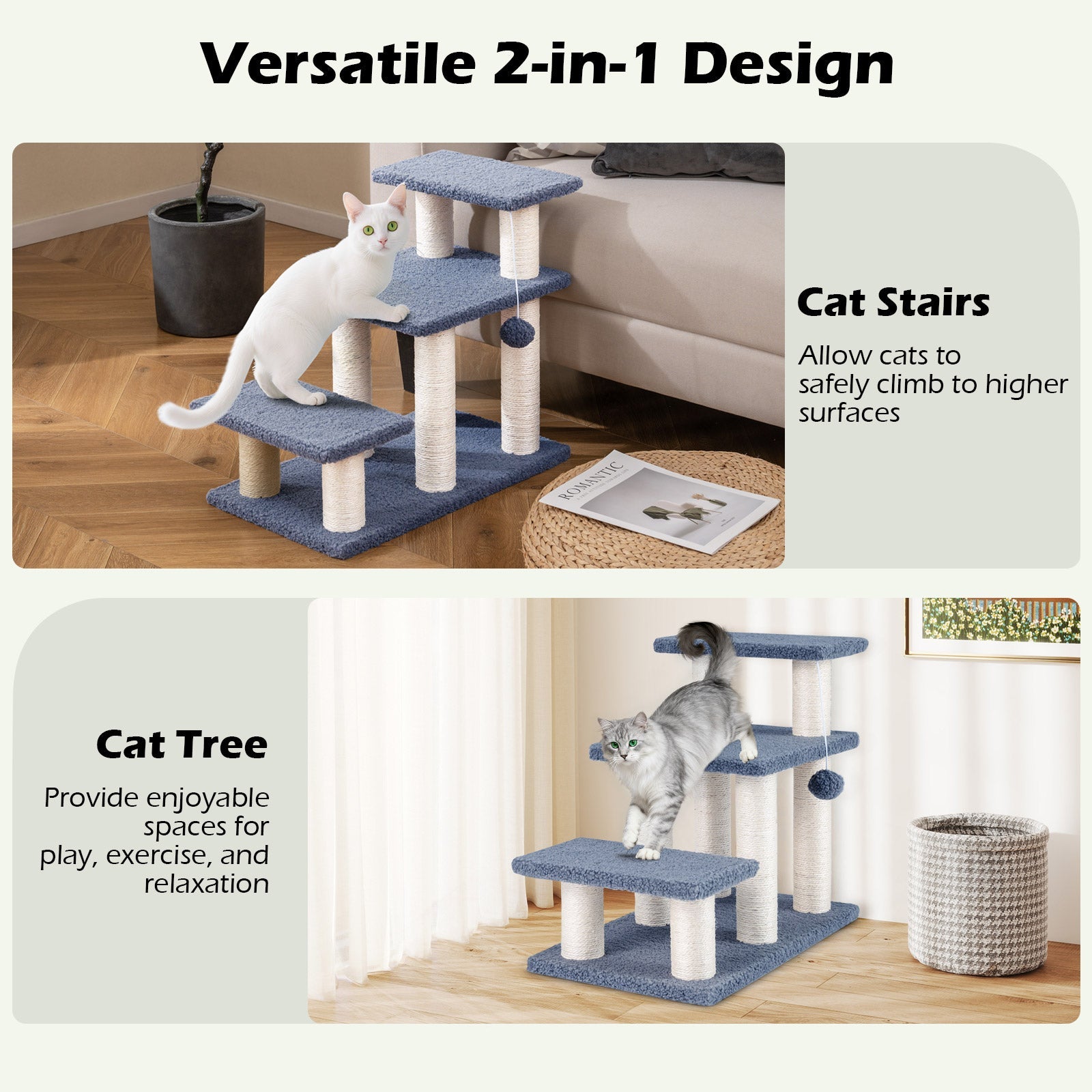 3-Tier Cat Stairs 20 Inch with Scratching Posts and Hanging Toy Ball-Gray