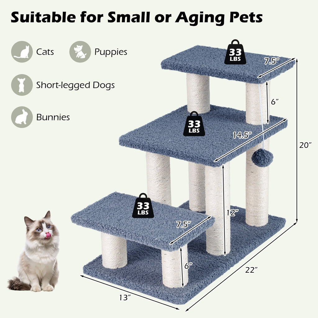 3-Tier Cat Stairs 20 Inch with Scratching Posts and Hanging Toy Ball-Gray