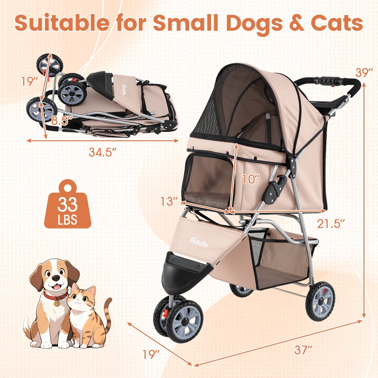 3 Wheel Pet Stroller for Small Dogs Cats up to 33 LBS