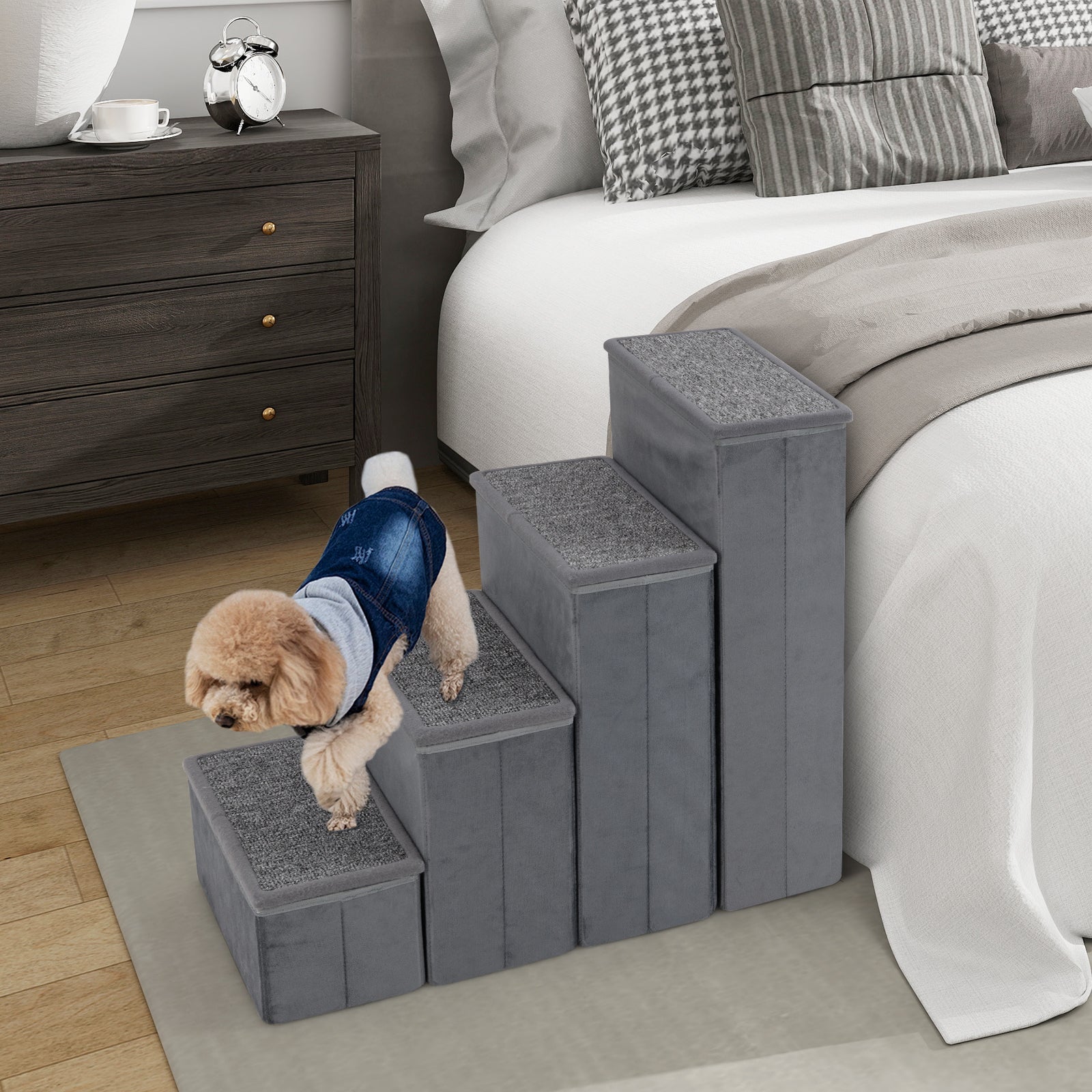 4-Step Dog Stairs Non-slip Foldable Dog Ramp with Adjustable Steps-Grey