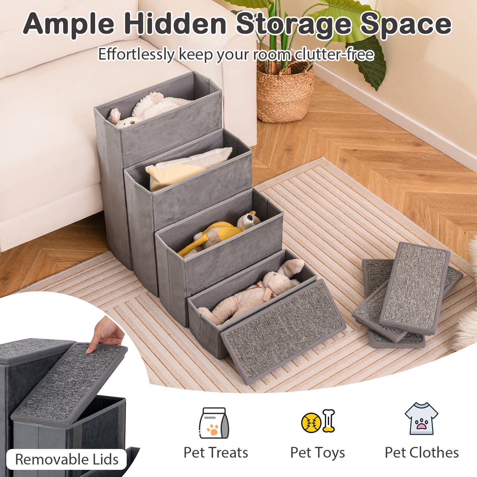 4-Step Dog Stairs Non-slip Foldable Dog Ramp with Adjustable Steps-Grey