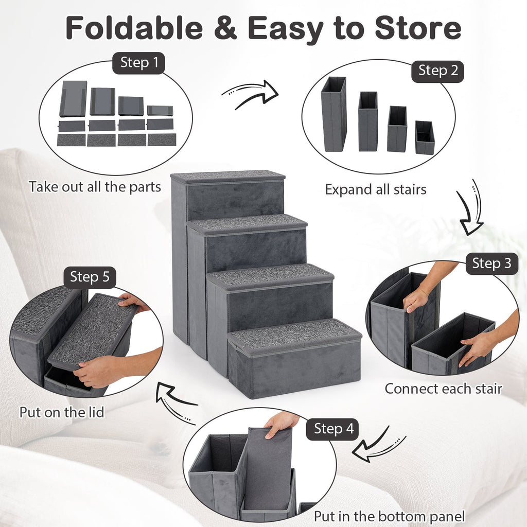 4-Step Dog Stairs Non-slip Foldable Dog Ramp with Adjustable Steps-Grey