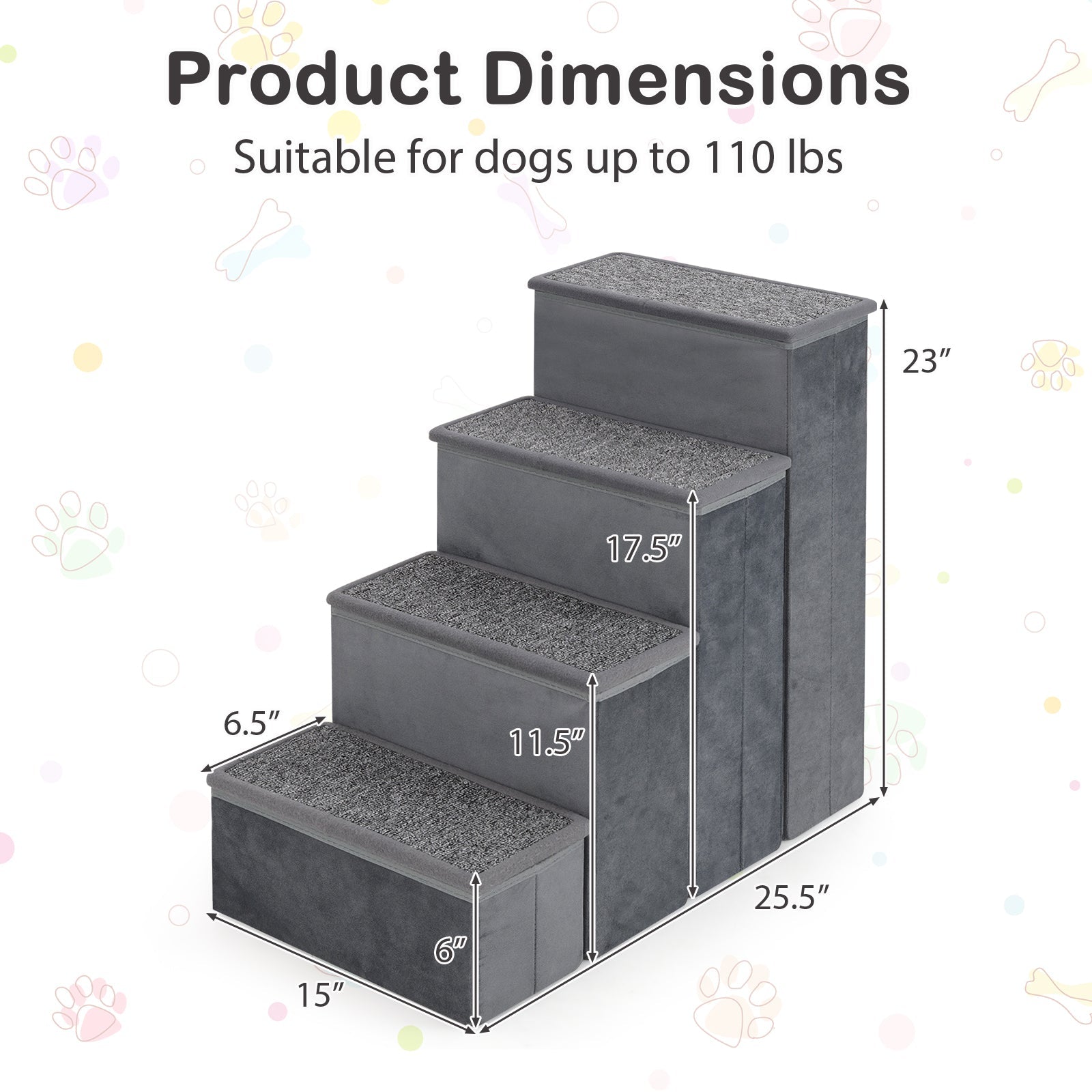 4-Step Dog Stairs Non-slip Foldable Dog Ramp with Adjustable Steps-Grey