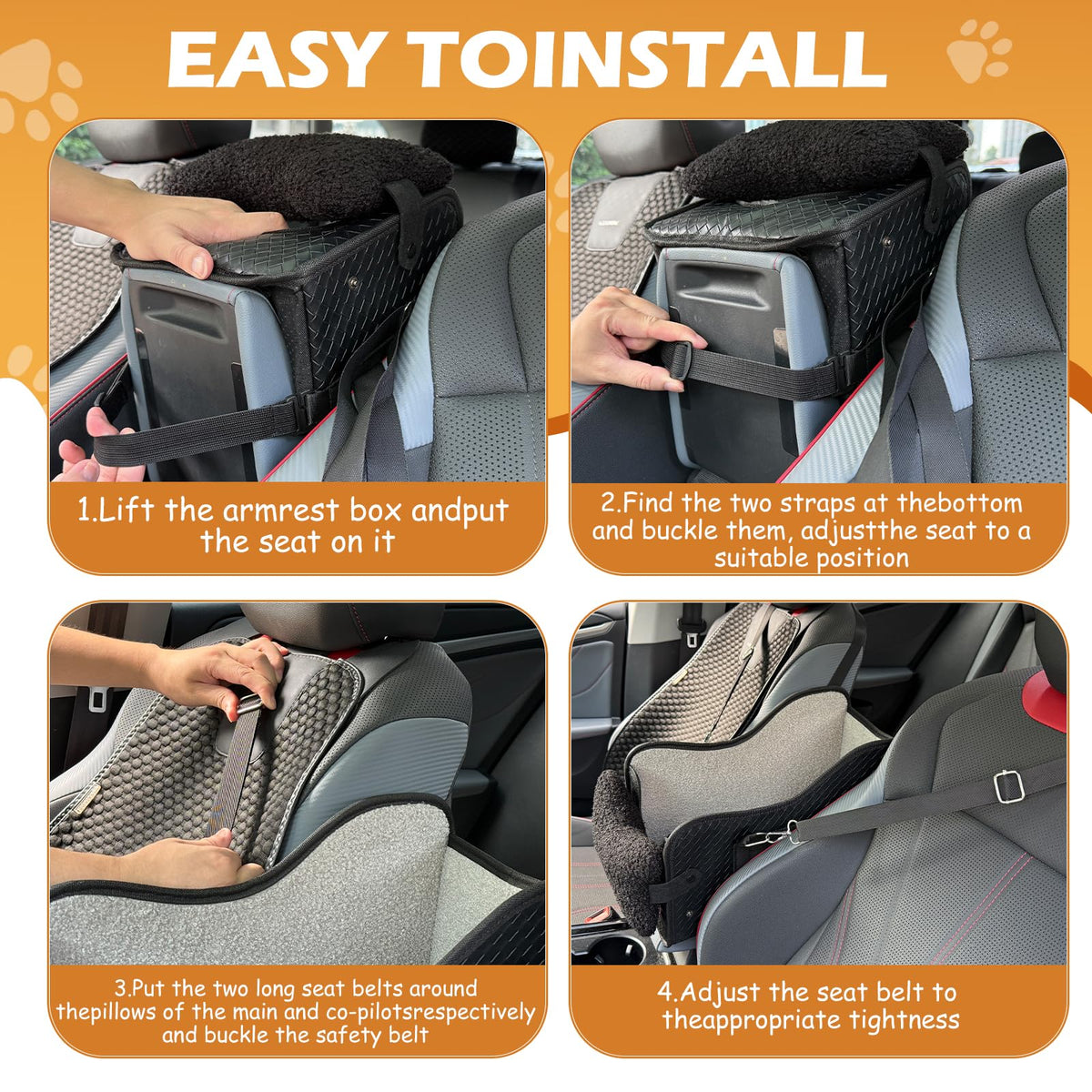 Center Console Dog Car Seat For Small Dogs, Dog Booster Seat To 15lbs Portable Puppy Car Seat With Adjustable Straps, Storage Pocket, Anti-Collapse, Washable Reversible Seat Cushion Black