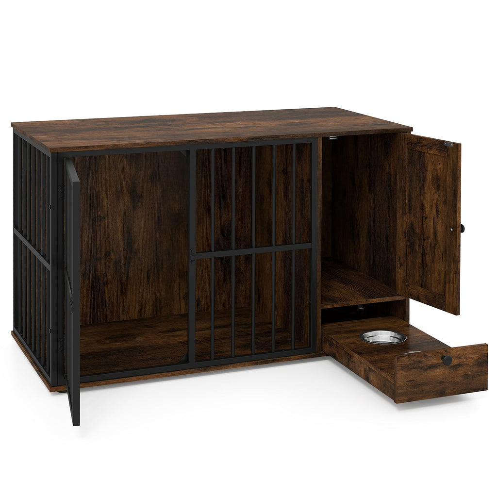 47.5 inch Dog Crate Furniture with Hidden Pull-out Bowls in Drawer for Small and Medium Dogs-Rustic Brown