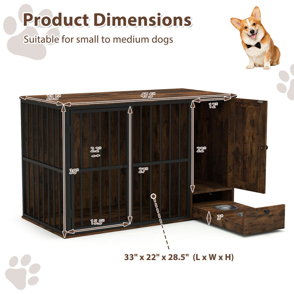 47.5 inch Dog Crate Furniture with Hidden Pull-out Bowls in Drawer for Small and Medium Dogs-Rustic Brown