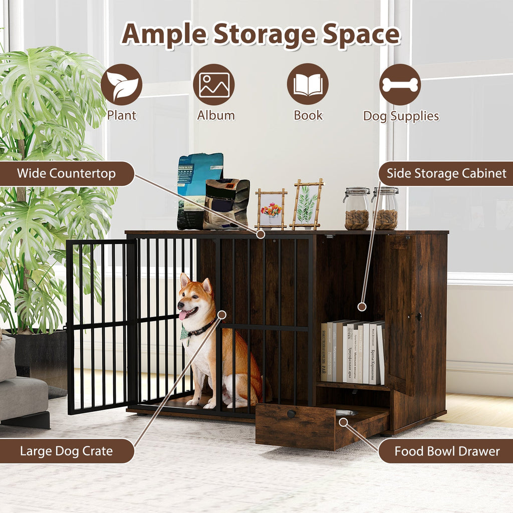 47.5 inch Dog Crate Furniture with Hidden Pull-out Bowls in Drawer for Small and Medium Dogs-Rustic Brown