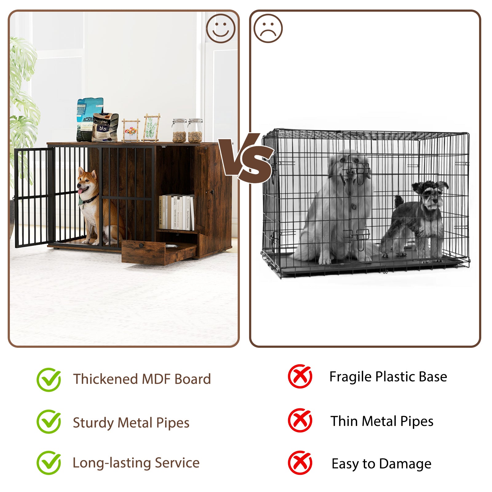 47.5 inch Dog Crate Furniture with Hidden Pull-out Bowls in Drawer for Small and Medium Dogs-Rustic Brown