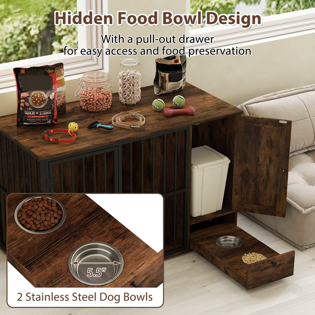 47.5 inch Dog Crate Furniture with Hidden Pull-out Bowls in Drawer for Small and Medium Dogs-Rustic Brown