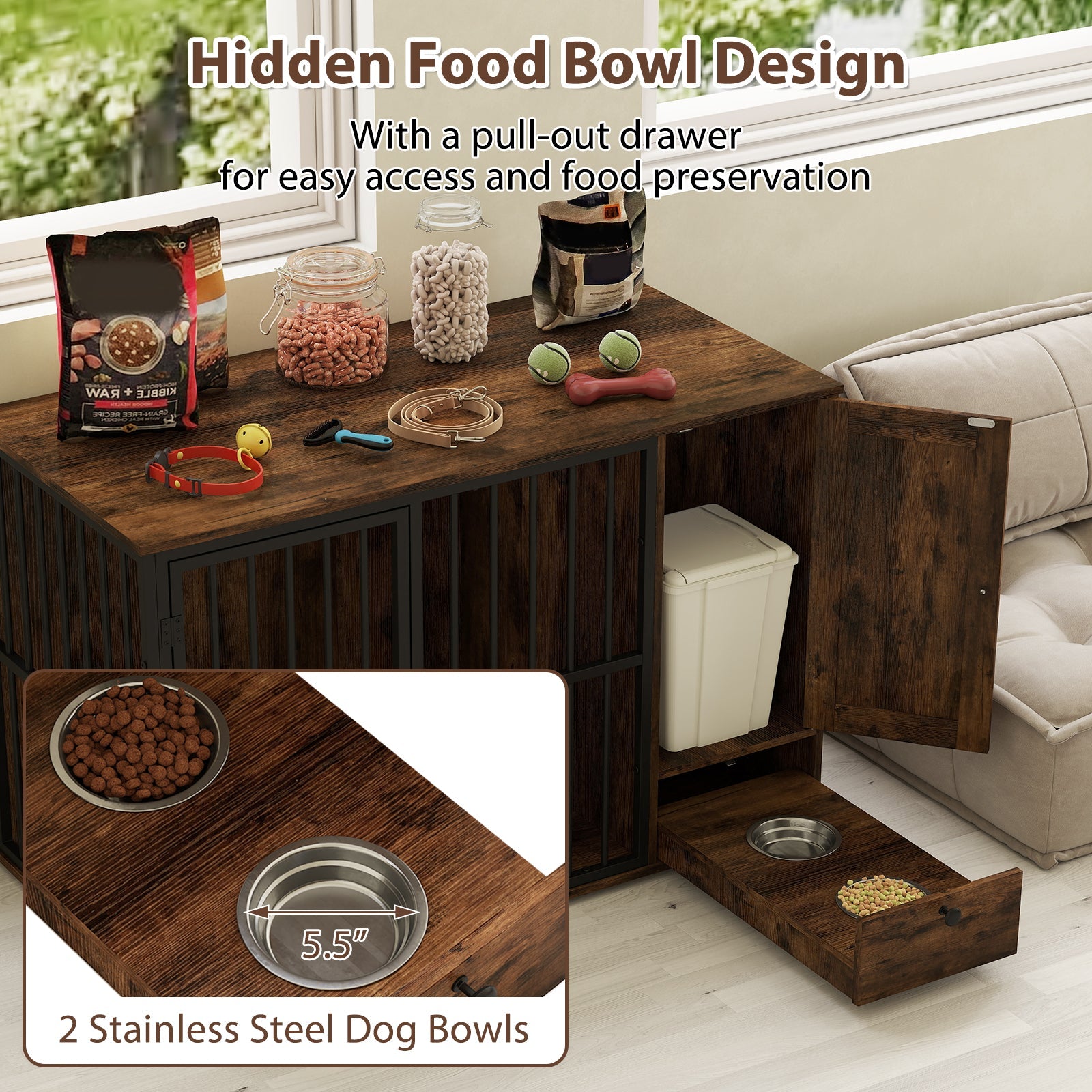47.5 inch Dog Crate Furniture with Hidden Pull-out Bowls in Drawer for Small and Medium Dogs-Rustic Brown
