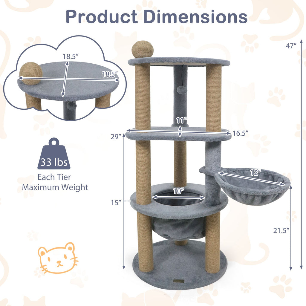 47 Inches Tall Cat Tower with Cat Nest and Scratching Posts-Gray