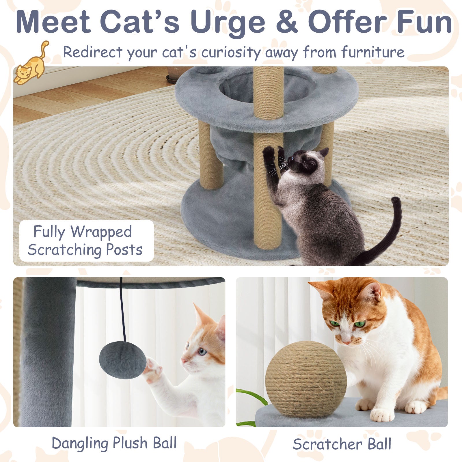 47 Inches Tall Cat Tower with Cat Nest and Scratching Posts-Gray