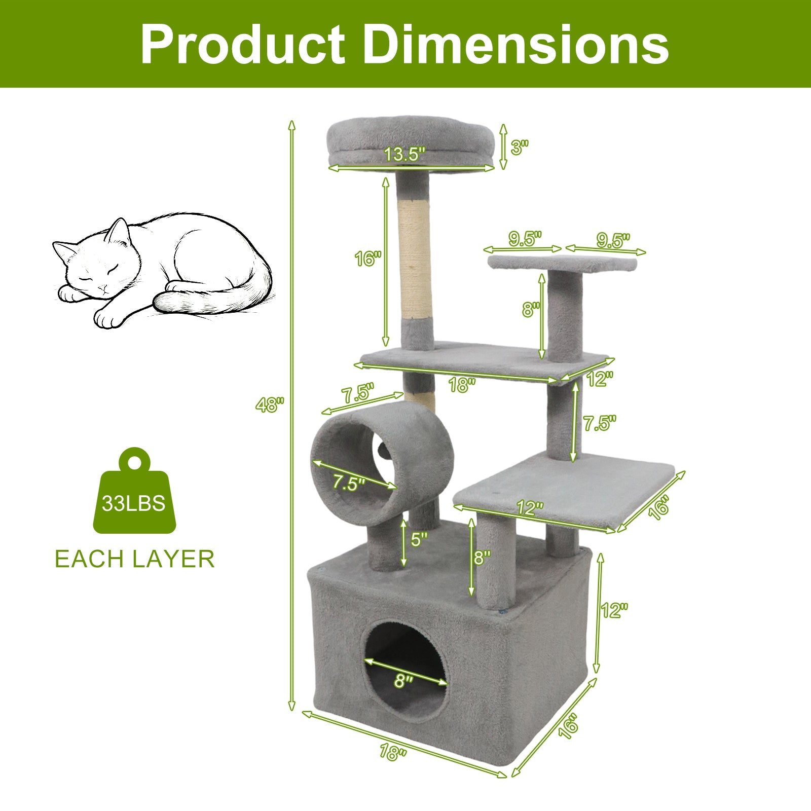 48 Inches Tall Cat Tree Multi-Level Kitten Tower with Large Condo Padded Top Perch