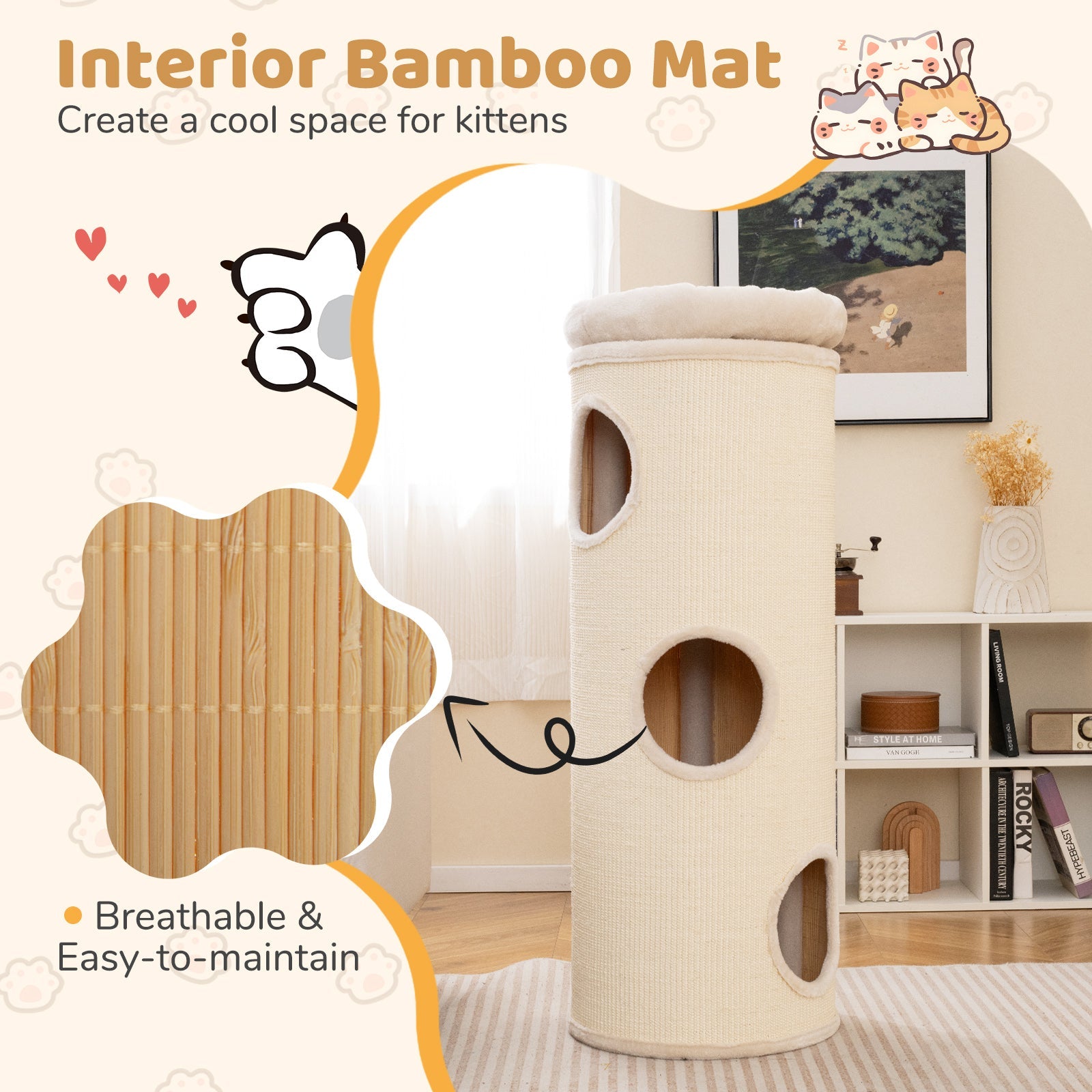 49 Inch Elevated Cat Cave 4-Story Cat House for Multiple Cats-Beige