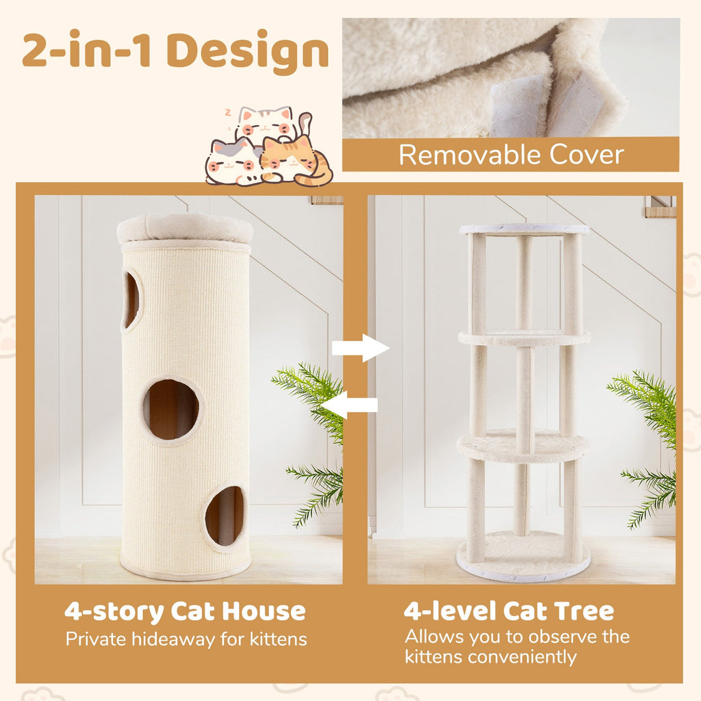 49 Inch Elevated Cat Cave 4-Story Cat House for Multiple Cats-Beige