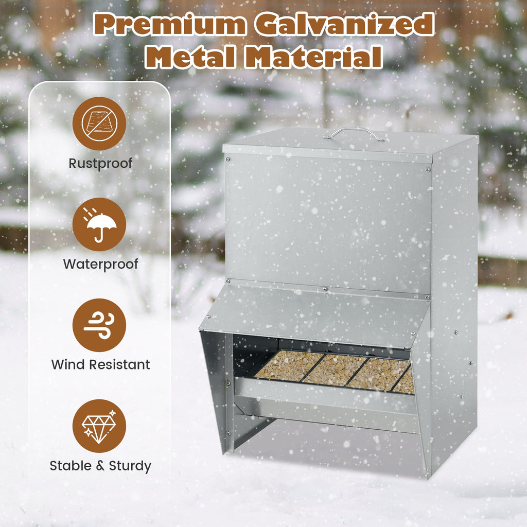 Wall Mount Galvanized Chicken Feeder 50 Pounds Capacity-Silver