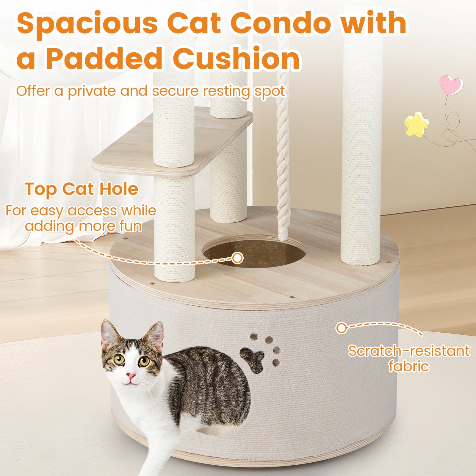 55.5 Inches Tall Wooden Cat Tree with Washable Plush Cushions for Indoor Cats