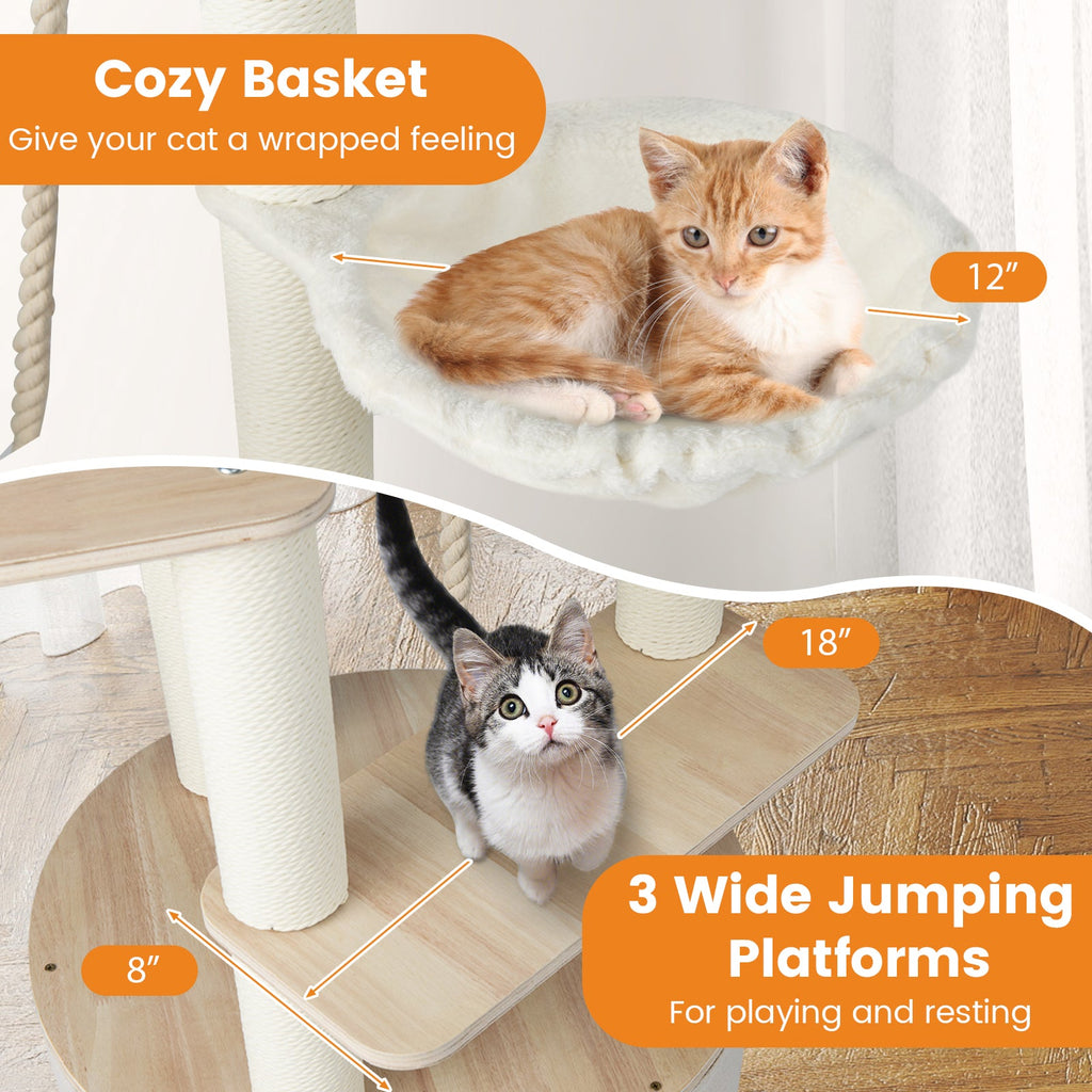 55.5 Inches Tall Wooden Cat Tree with Washable Plush Cushions for Indoor Cats