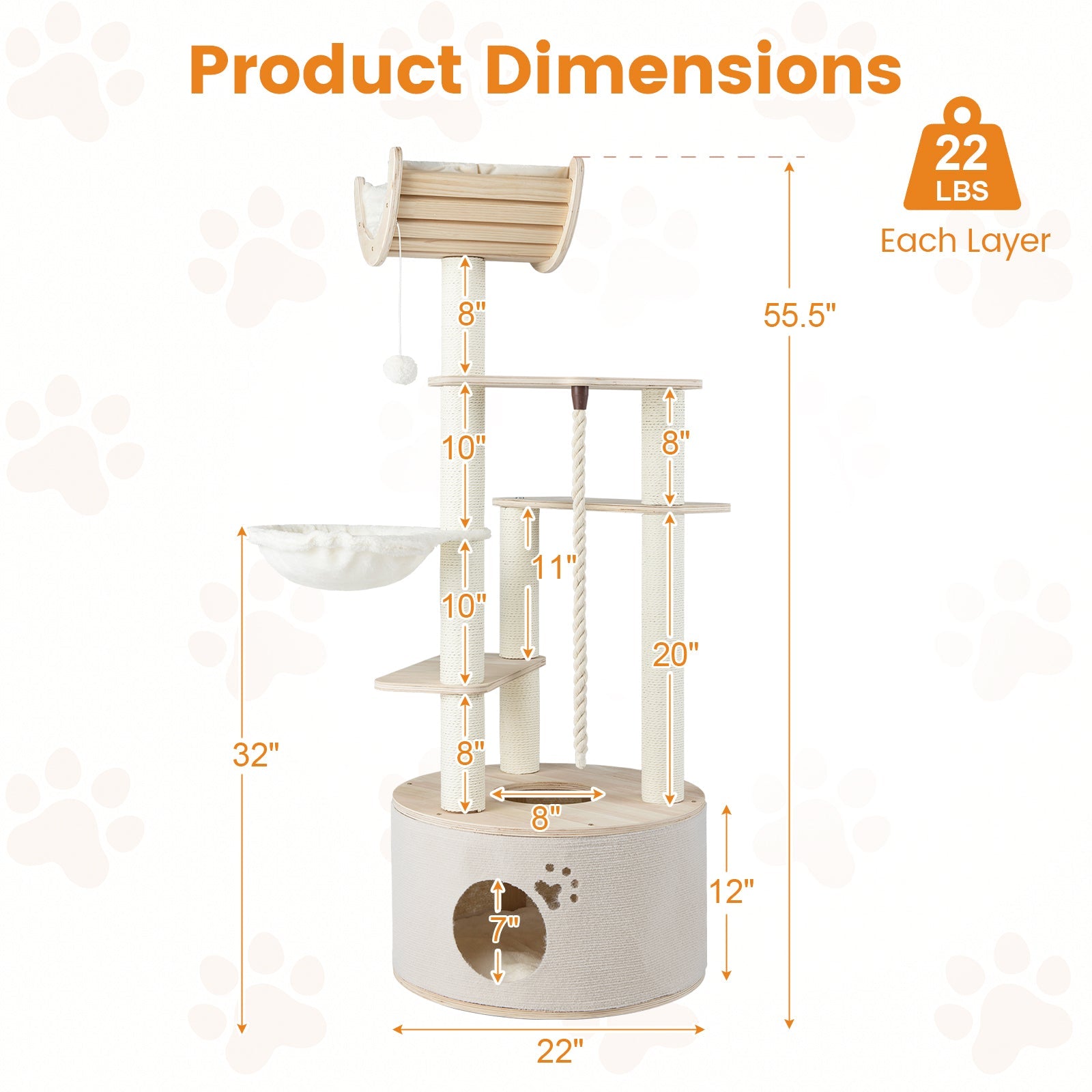 55.5 Inches Tall Wooden Cat Tree with Washable Plush Cushions for Indoor Cats