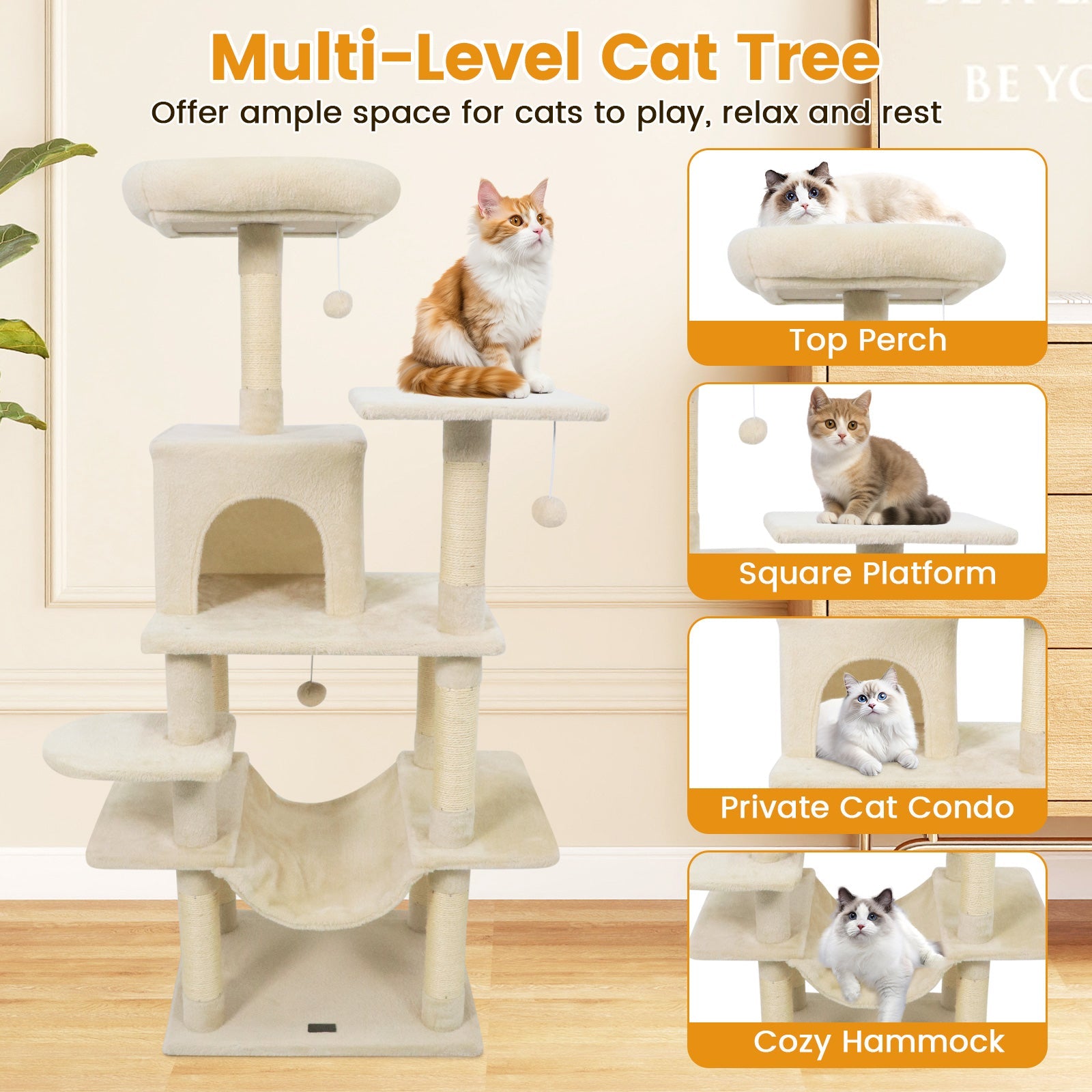 58" Multi-Level Cat Tree Soft Plush Cat Tower with Padded Top Perch