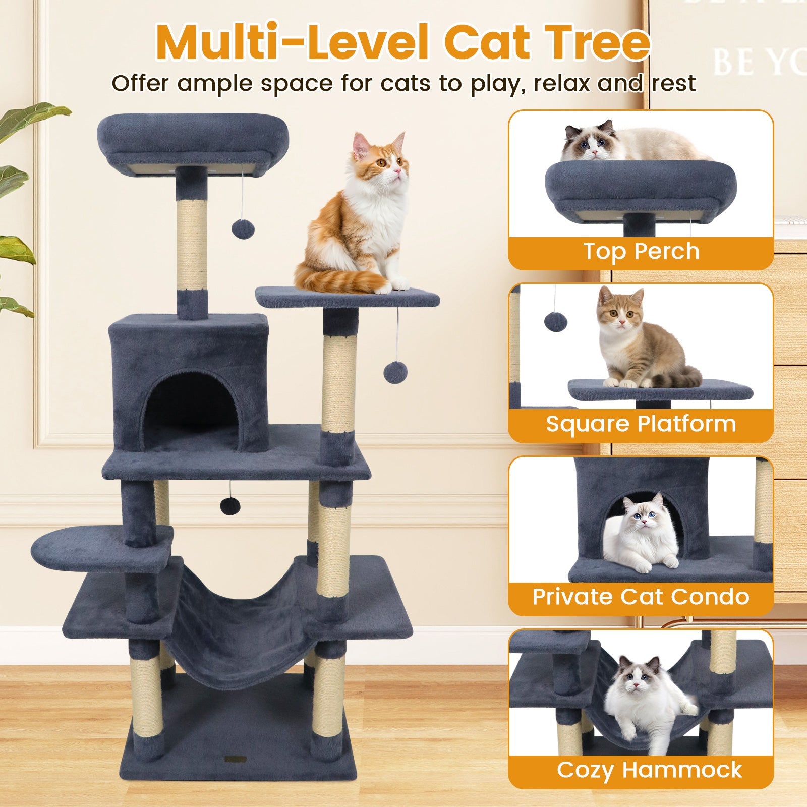 58" Multi-Level Cat Tree Soft Plush Cat Tower with Padded Top Perch