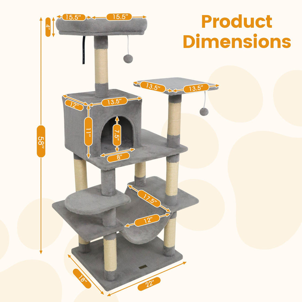 58" Multi-Level Cat Tree Soft Plush Cat Tower with Padded Top Perch