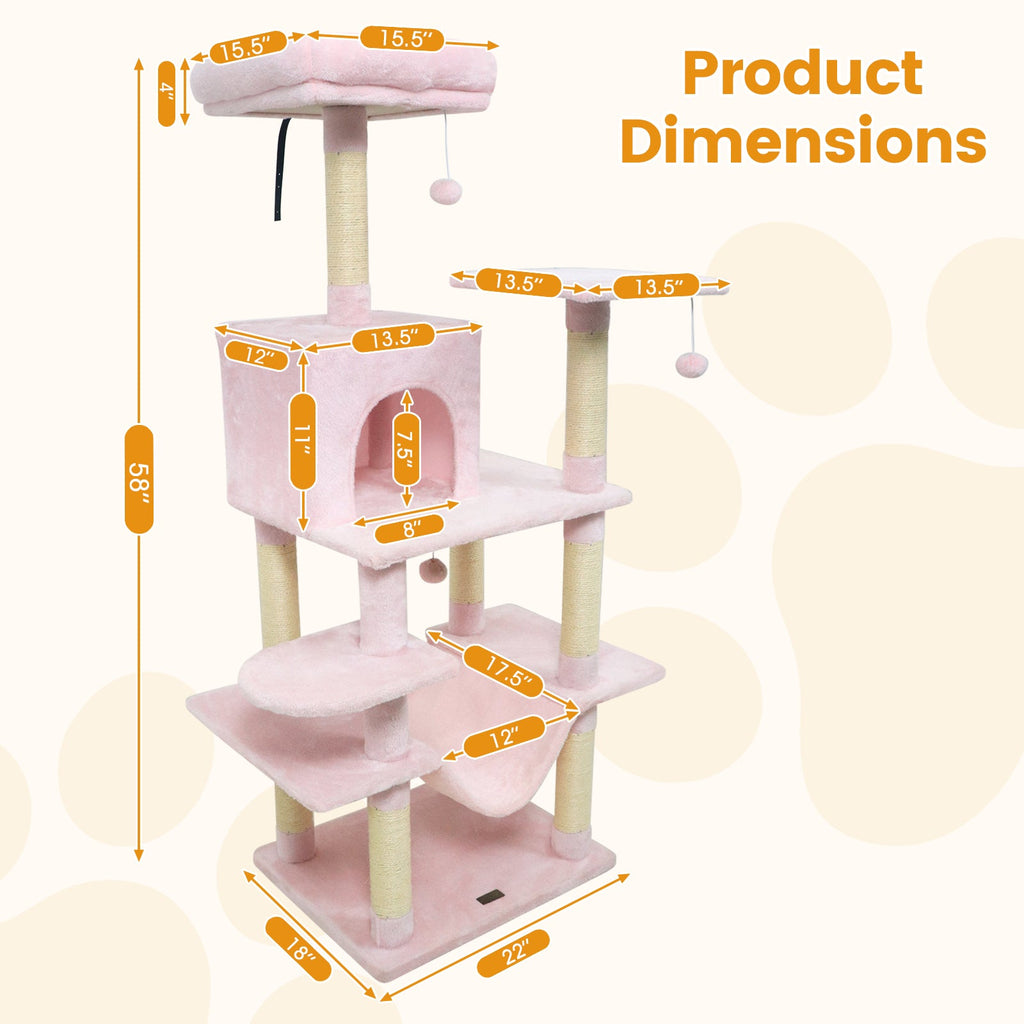 58" Multi-Level Cat Tree Soft Plush Cat Tower with Padded Top Perch