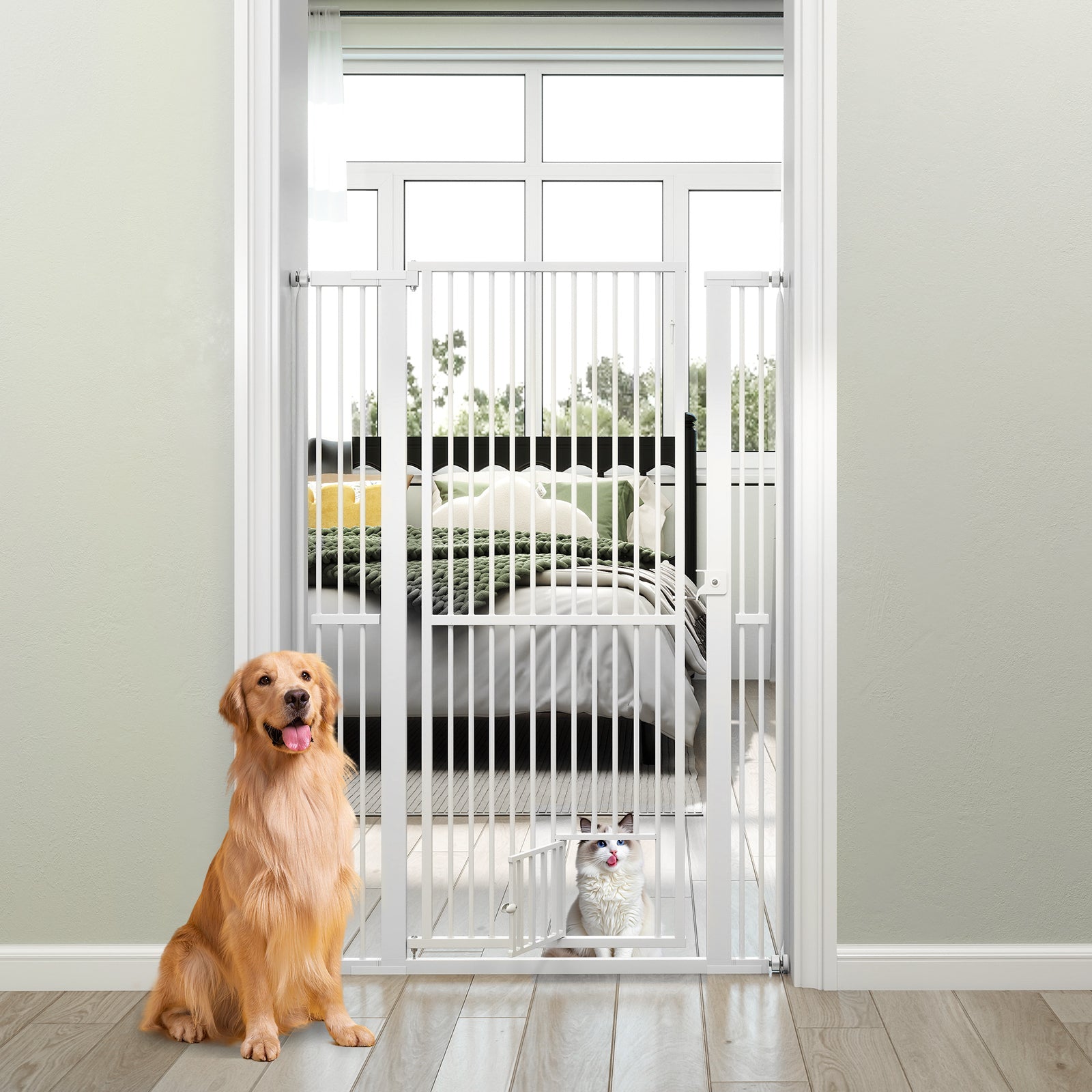 59‚Äù Extra Tall Pet Gate Heavy-Duty Metal Cat Gate with Wide Opening-White