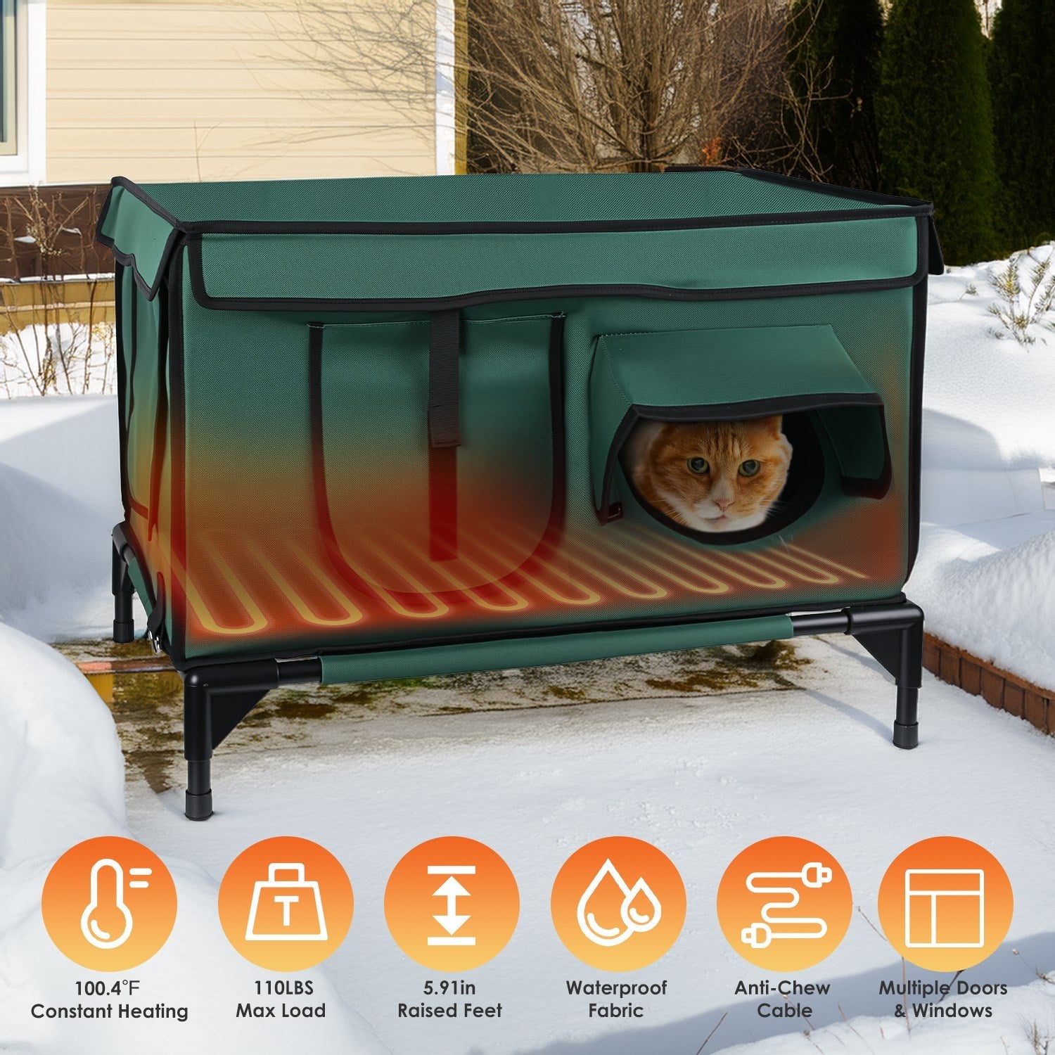 Waterproof Heated Cat House Outdoor Weatherproof Insulated Kitty Shelter Feral Cat Heating Bed with Heating Pad Anti-Chew Cord 2 Doors 3 Windows for I