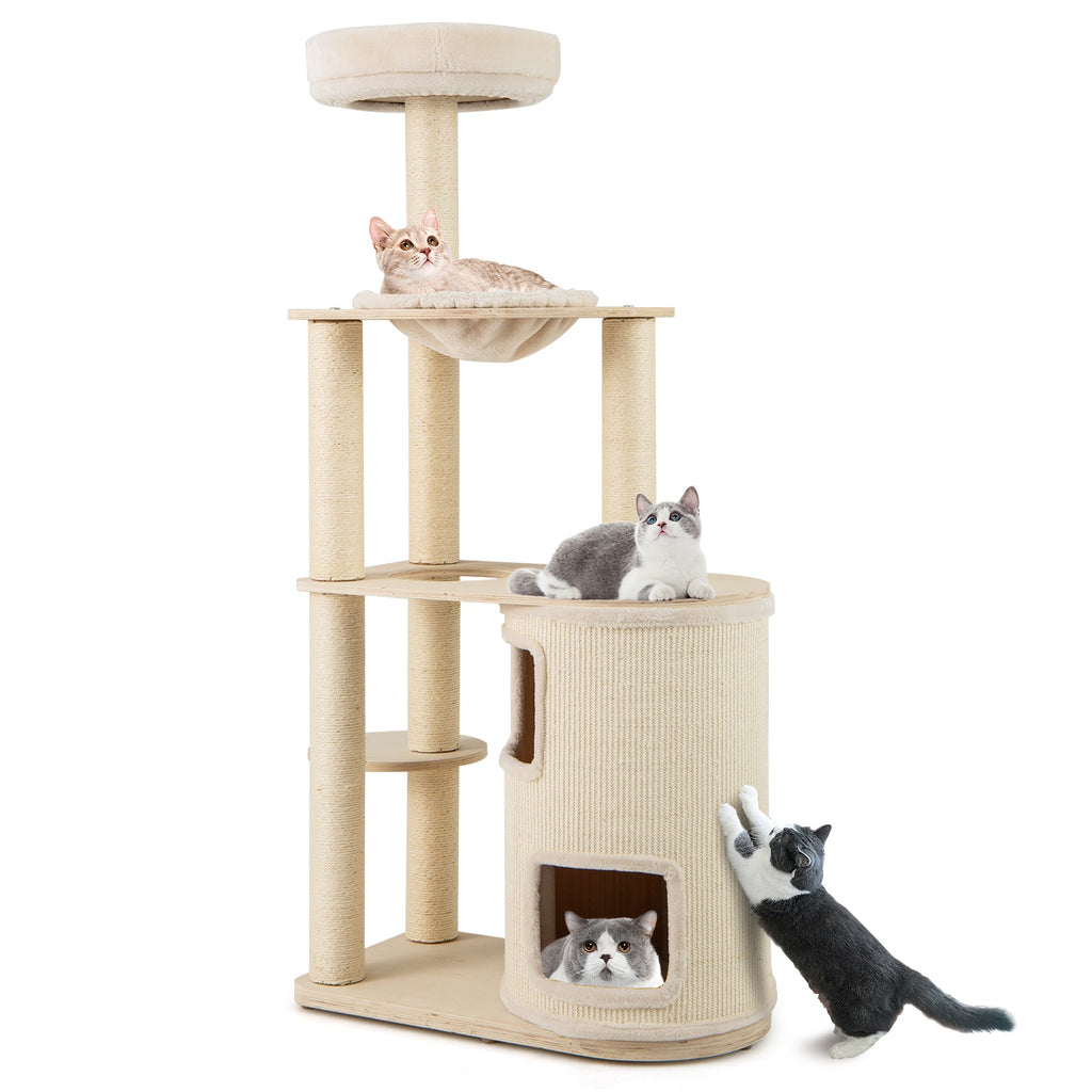 60 Inches Tall Cat Tree with 2-Story Condo and Sisal Scratching Posts-Natural