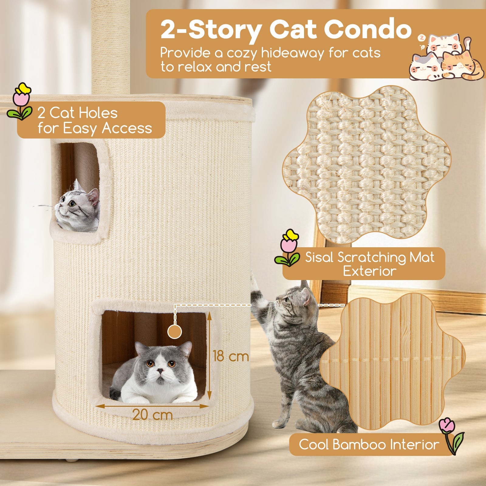 60 Inches Tall Cat Tree with 2-Story Condo and Sisal Scratching Posts-Natural