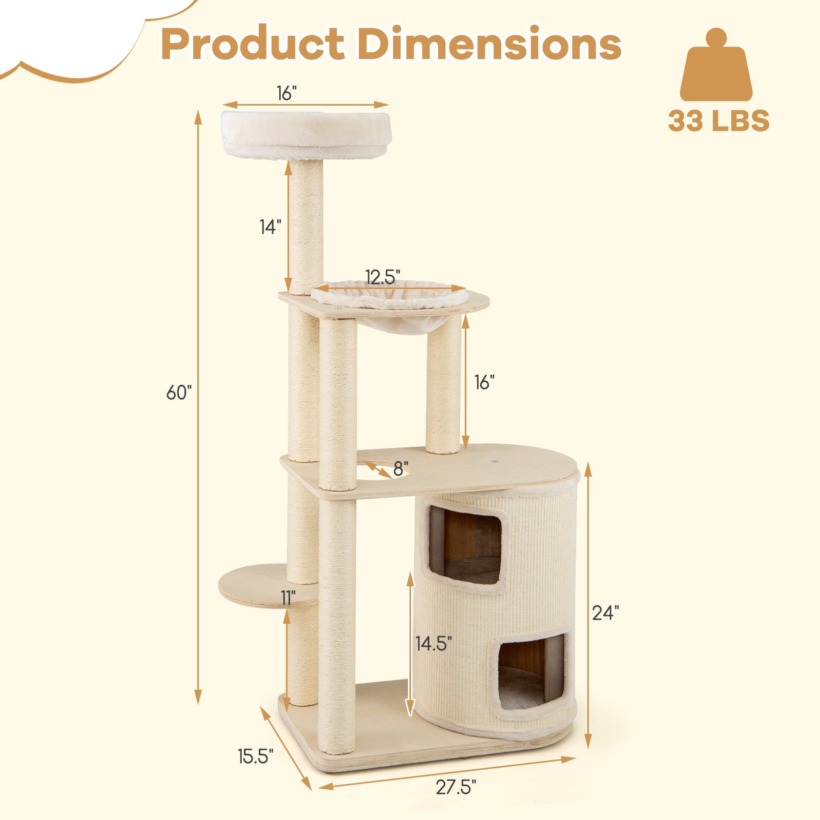 60 Inches Tall Cat Tree with 2-Story Condo and Sisal Scratching Posts-Natural