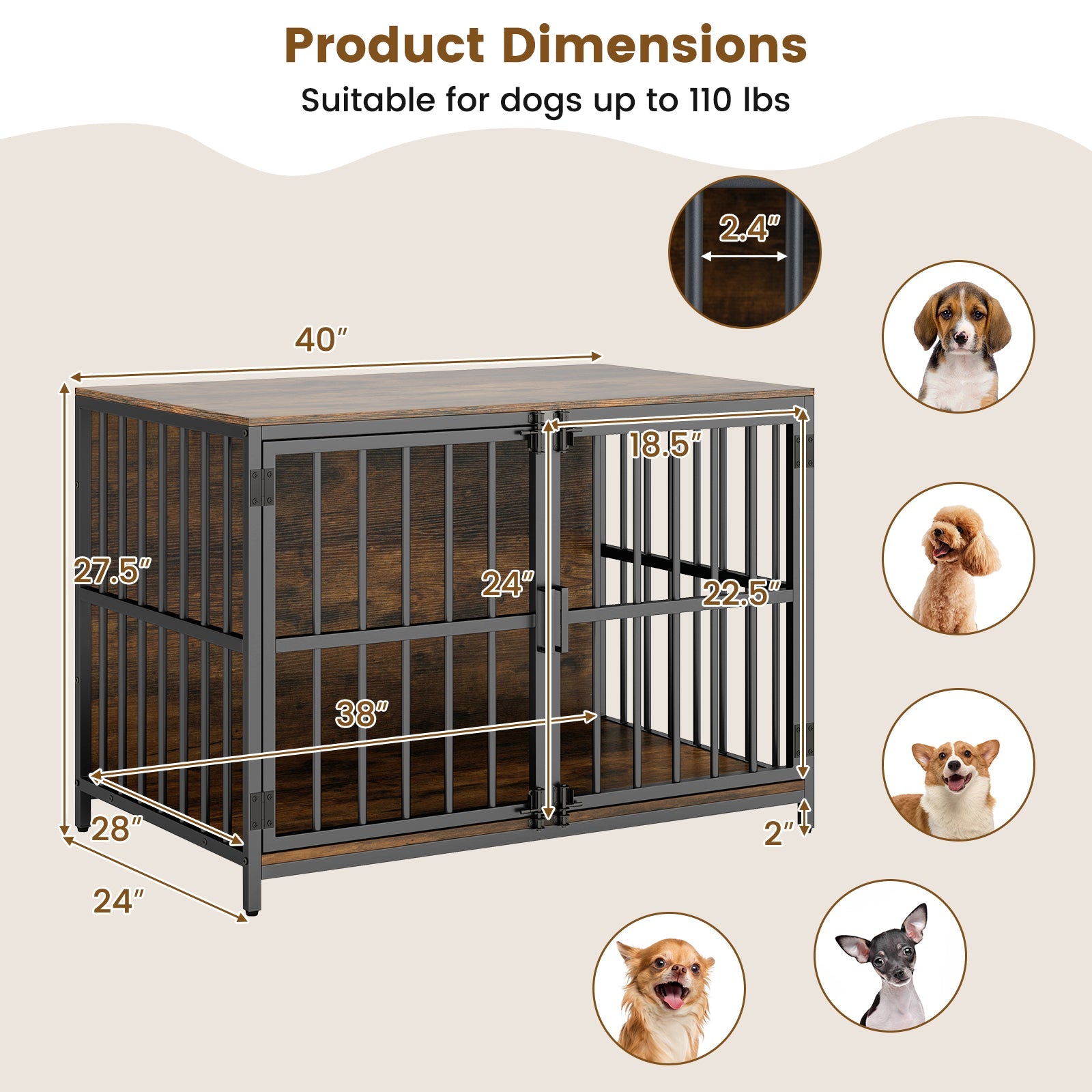 40 Inch Dog Crate Furniture Dog Kennel with Dual Lockable Double Doors