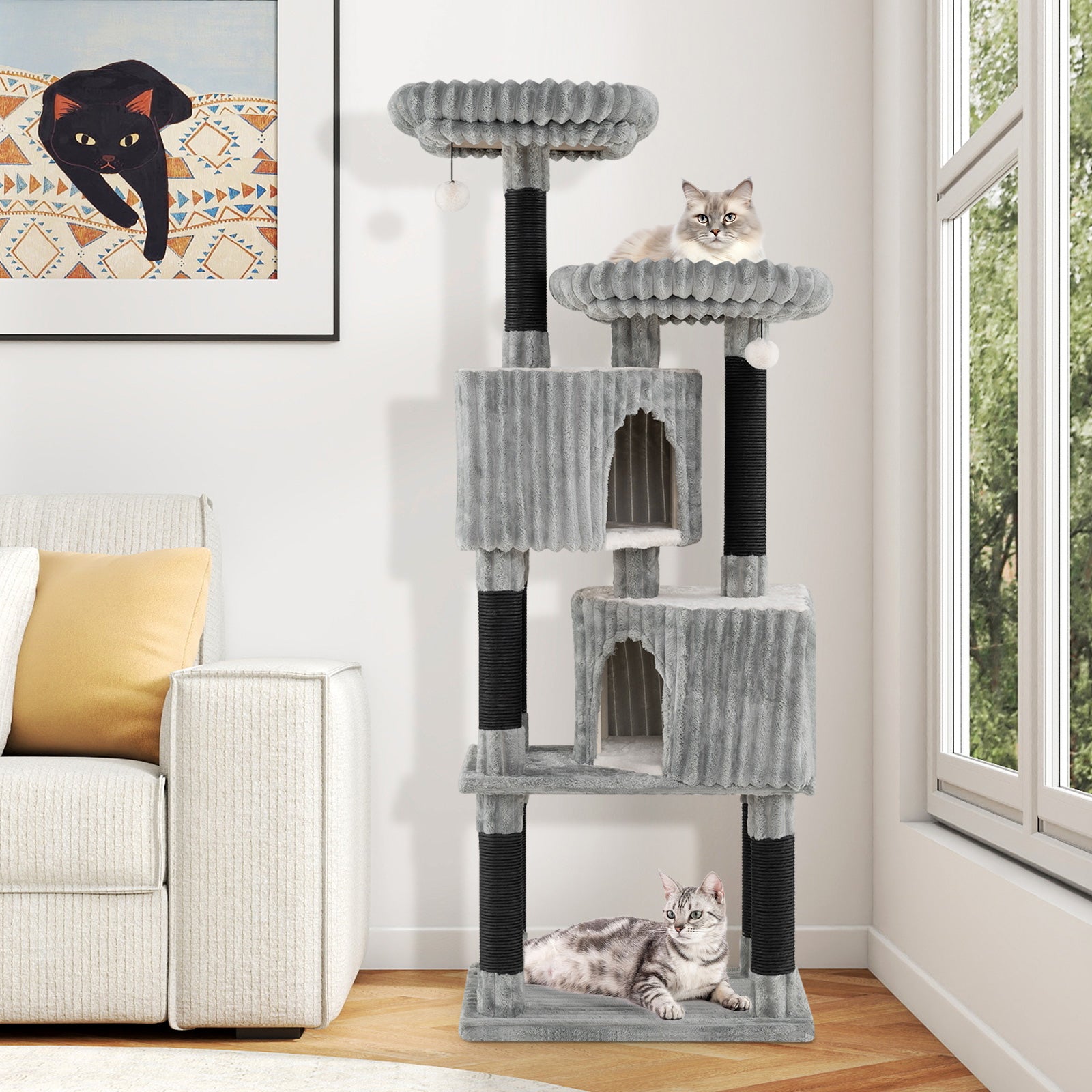 62 Inch Tall Cat Tower with Scratching Posts and Soft Flannel Covering-Light Gray