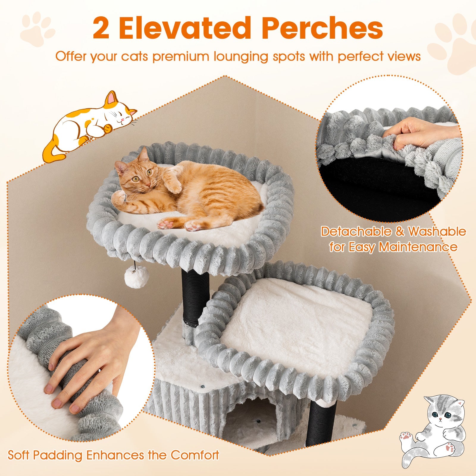 62 Inch Tall Cat Tower with Scratching Posts and Soft Flannel Covering-Light Gray
