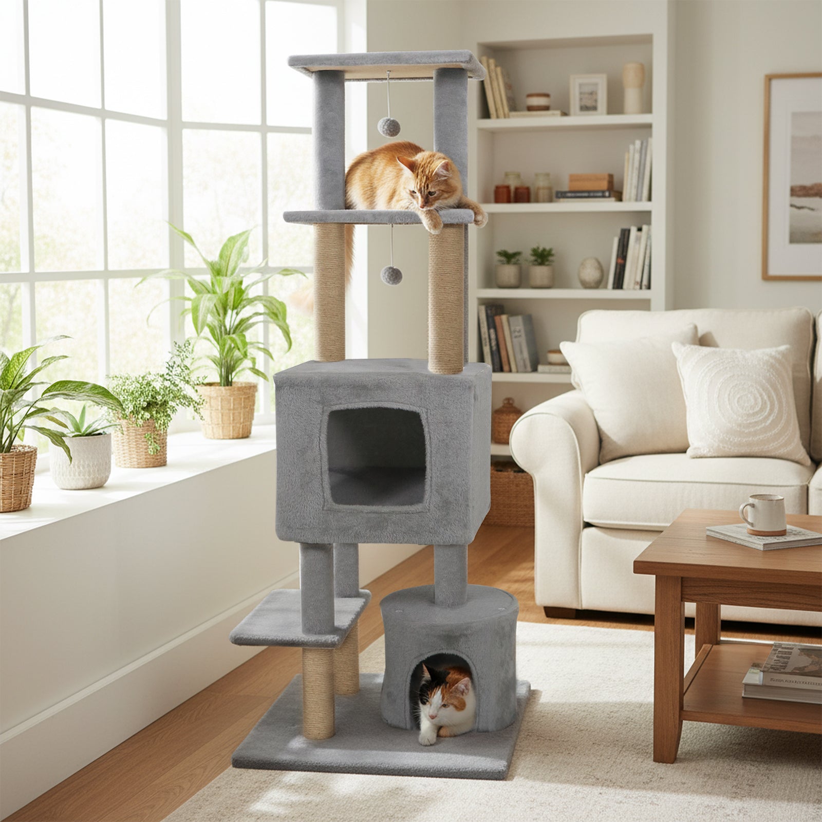 64 Inch Tall Cat Tree with 2 Large Condos and Jute Scratching Posts for Indoor Adult Cats