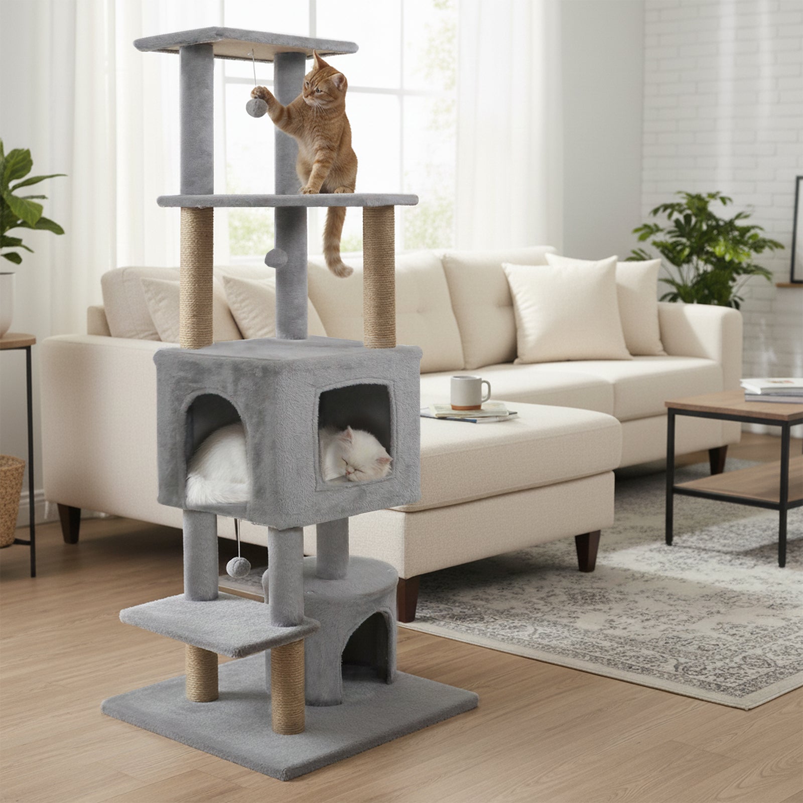 64 Inch Tall Cat Tree with 2 Large Condos and Jute Scratching Posts for Indoor Adult Cats