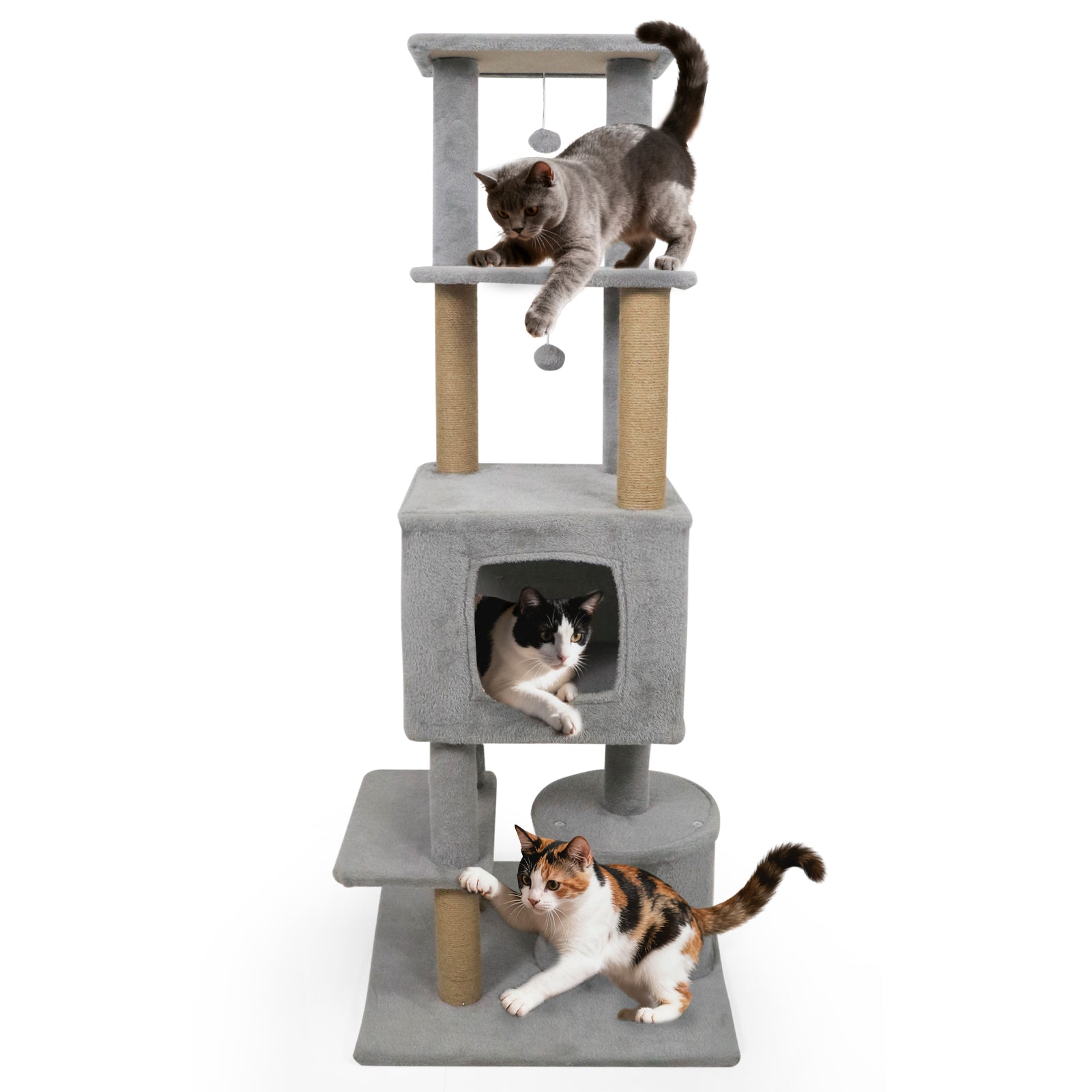 64 Inch Tall Cat Tree with 2 Large Condos and Jute Scratching Posts for Indoor Adult Cats