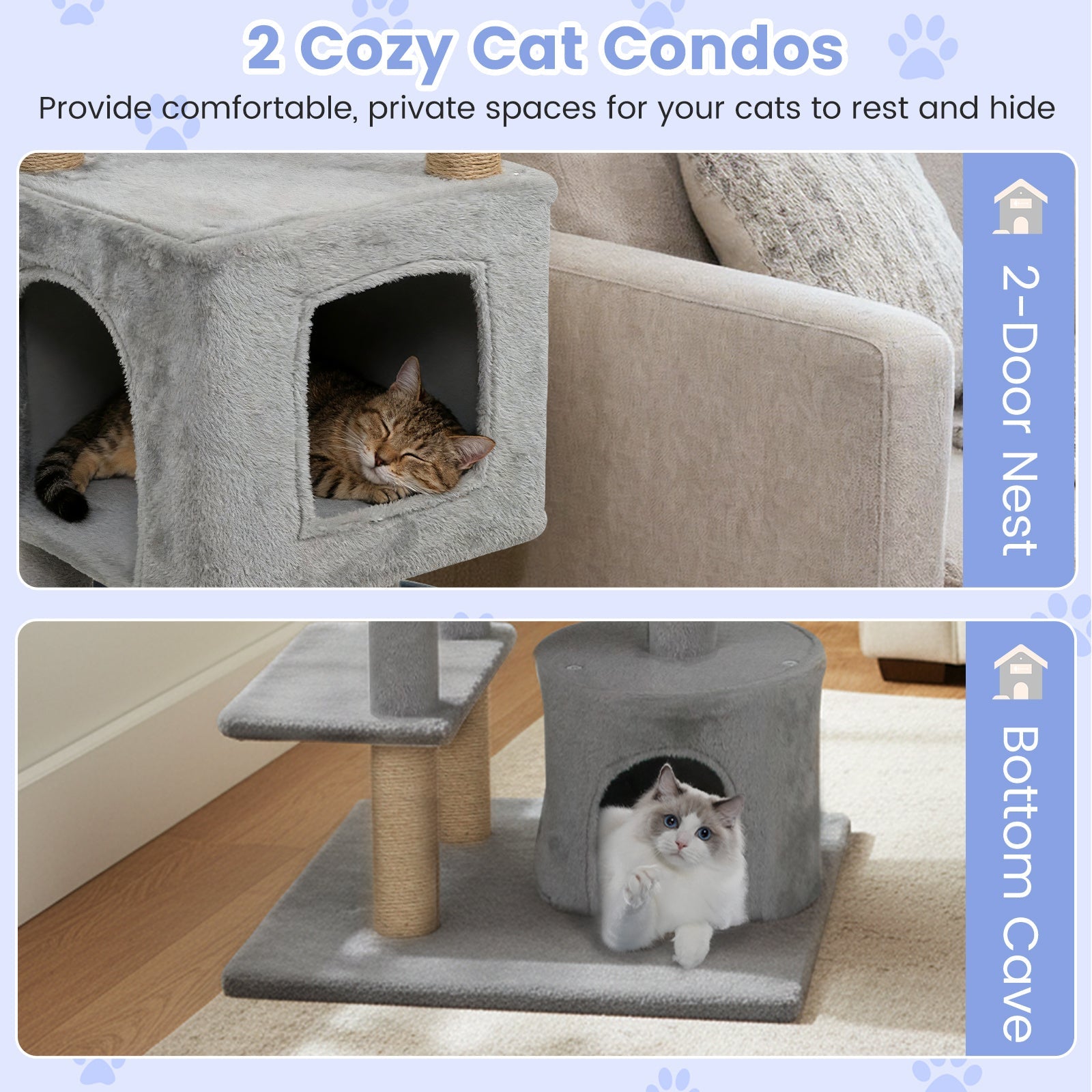 64 Inch Tall Cat Tree with 2 Large Condos and Jute Scratching Posts for Indoor Adult Cats