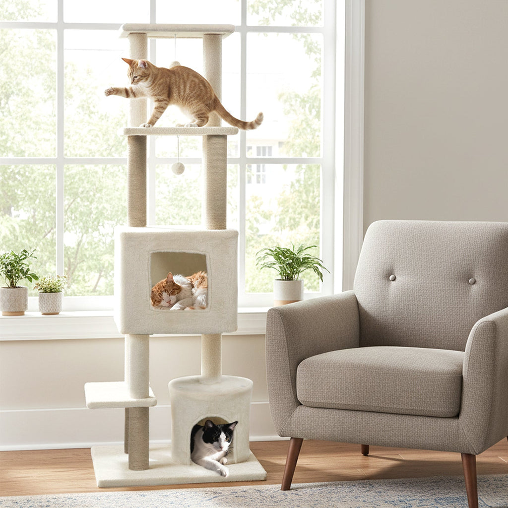 64 Inch Tall Cat Tree with 2 Large Condos and Jute Scratching Posts for Indoor Adult Cats