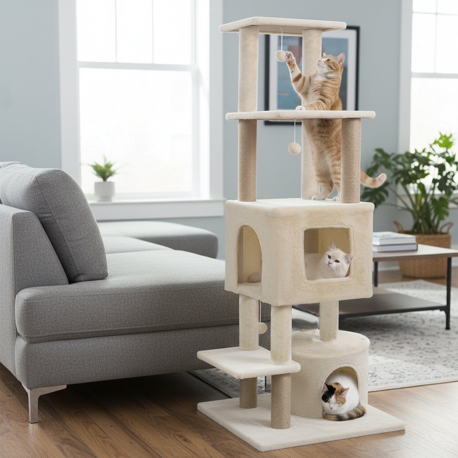 64 Inch Tall Cat Tree with 2 Large Condos and Jute Scratching Posts for Indoor Adult Cats