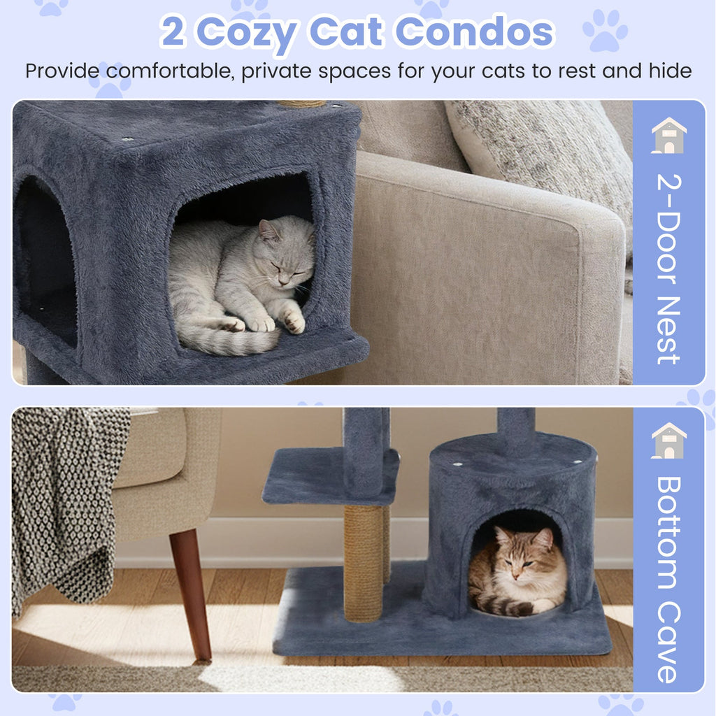 64 Inch Tall Cat Tree with 2 Large Condos and Jute Scratching Posts for Indoor Adult Cats
