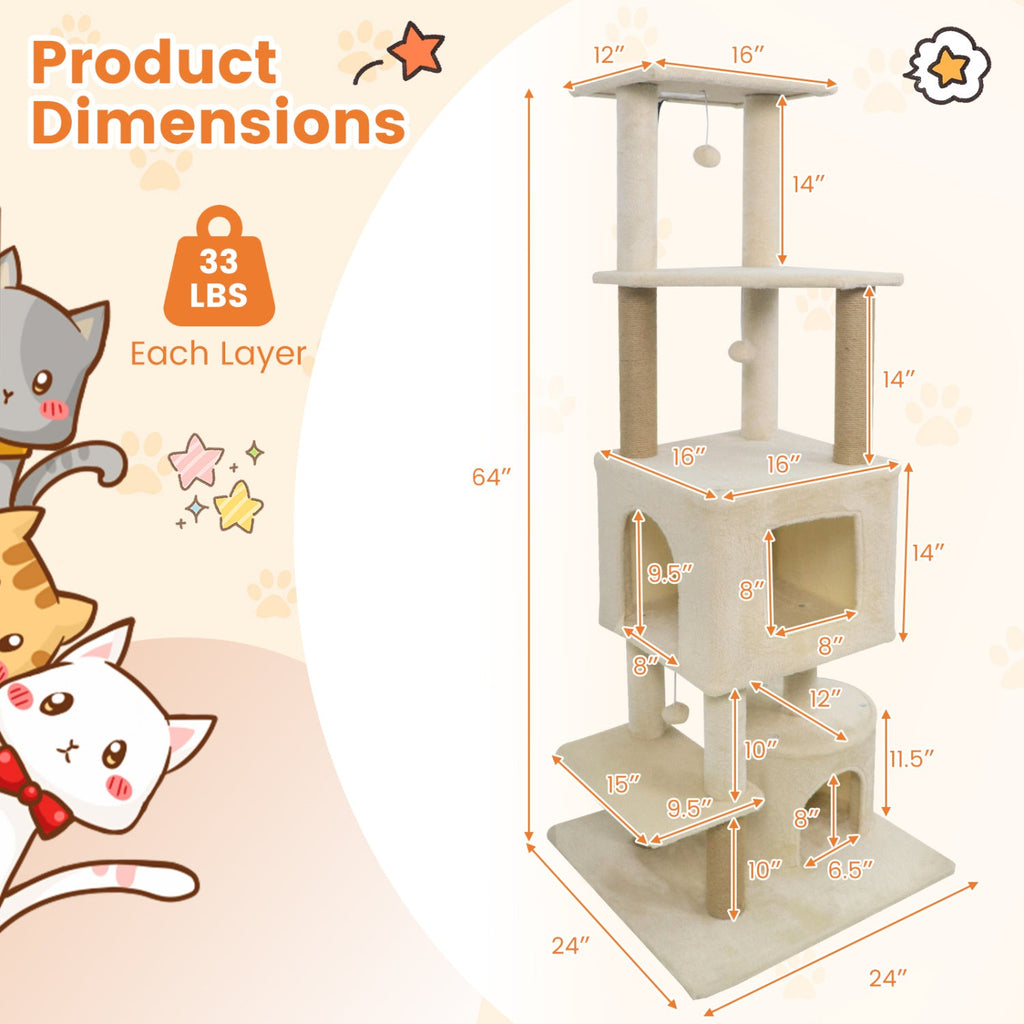 64 Inch Tall Cat Tree with 2 Large Condos and Jute Scratching Posts for Indoor Adult Cats