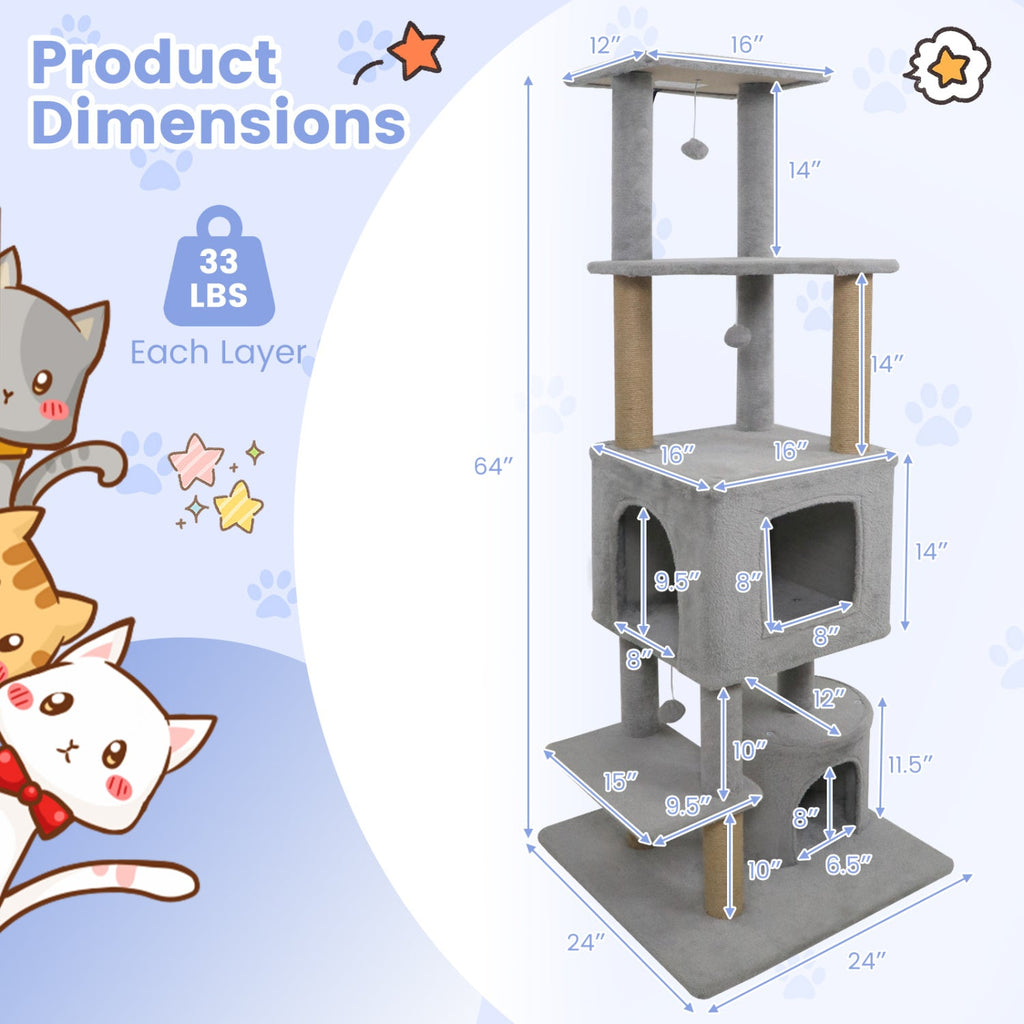 64 Inch Tall Cat Tree with 2 Large Condos and Jute Scratching Posts for Indoor Adult Cats