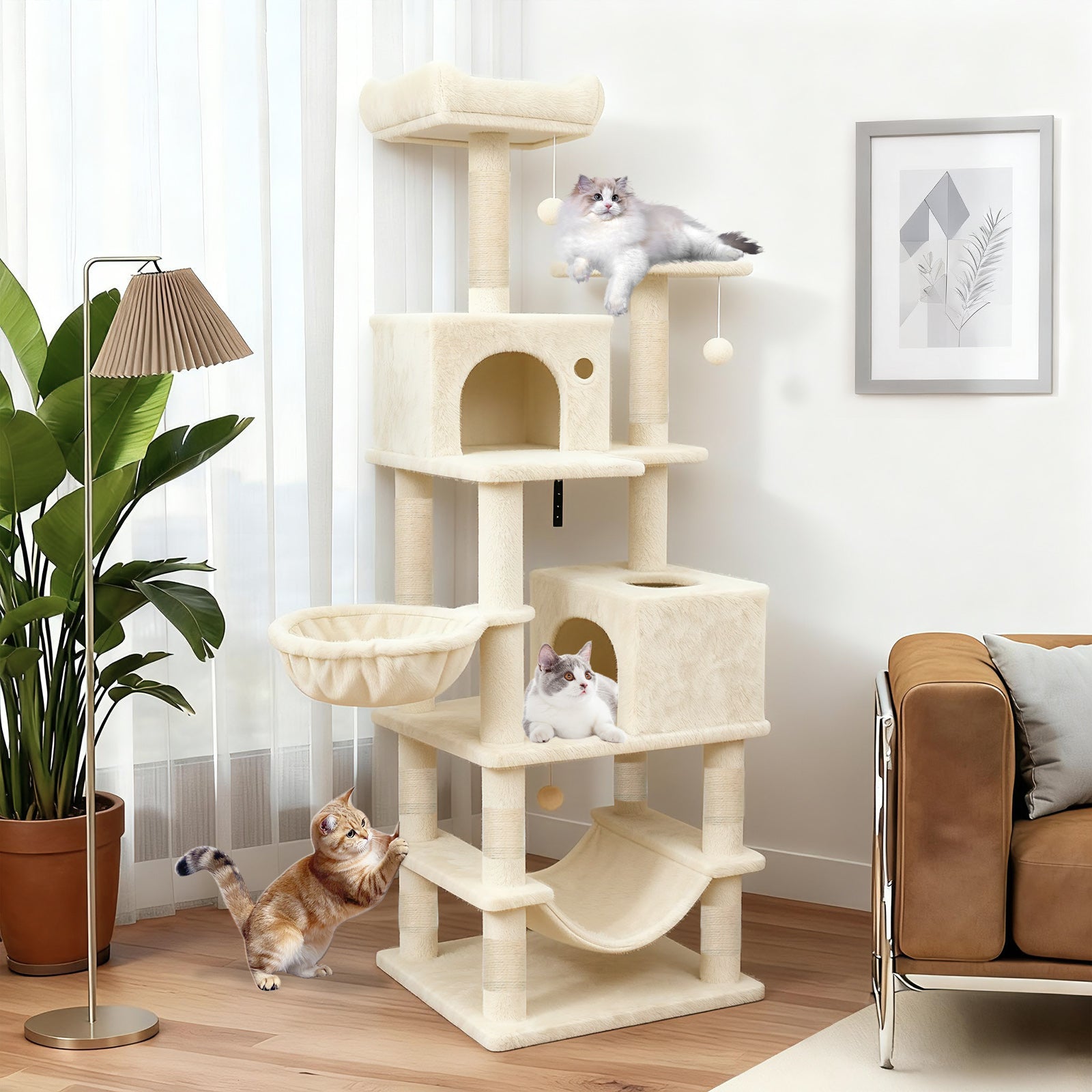 66 Inch Tall Cat Tree Multi-Level Cat Tower with 2 Condos Sisal Scratching Posts