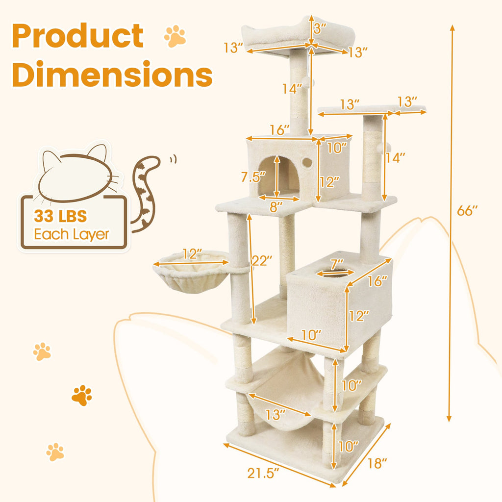 66 Inch Tall Cat Tree Multi-Level Cat Tower with 2 Condos Sisal Scratching Posts