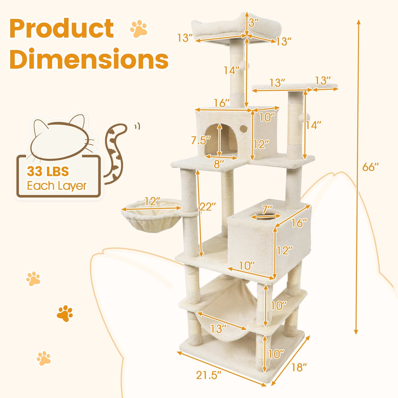 66 Inch Tall Cat Tree Multi-Level Cat Tower with 2 Condos Sisal Scratching Posts