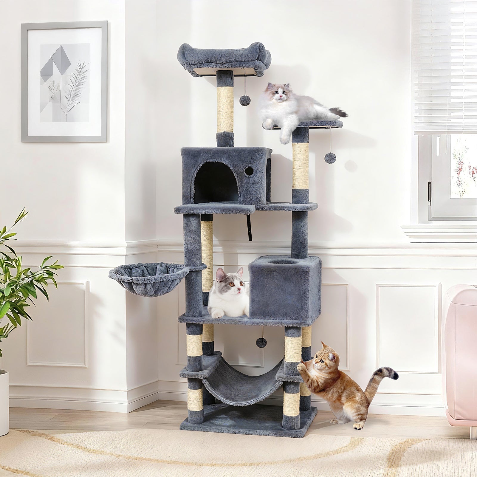 66 Inch Tall Cat Tree Multi-Level Cat Tower with 2 Condos Sisal Scratching Posts
